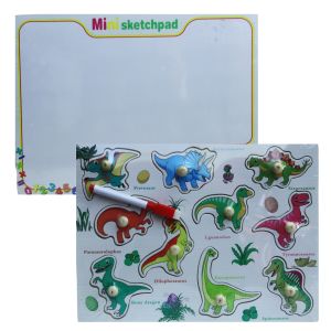 2-in-1 Colorful Wooden Dinosaur Pegged Puzzle with Hand Grasp Knobs + Mini White Board & Marker