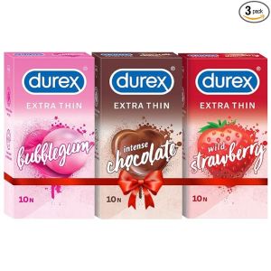 Durex Extra Thin Condoms, 10s, Pack of 3 (Bubblegum + Chocolate + Strawberry)