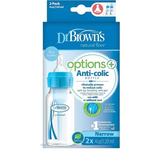 Dr. brown 4 oz/120 mL Options+ Narrow Anti-Colic Baby Bottle BLUE, 2-Pack SB42405-ESX