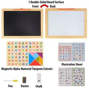 Wooden Frame Double Sided Magnetic Whiteboard & Black Slate With Alphanumeric, Mathematical Signs & Tangram(43x33cm)