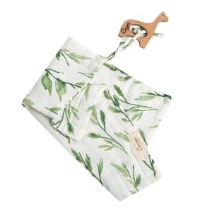 Crane baby Giraffe Wooden Theether & Muslin Leaf Print Security Blanket BC-100TH