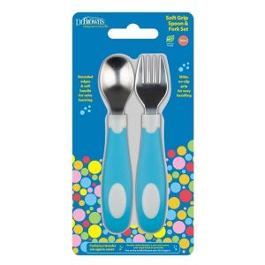 Dr. Brown's Soft Grip Spoon & Fork Set, Blue and White TF028