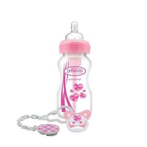 Dr Brown's Wide-Neck Option Baby Pink Bottle With Soother Gift set-9oz WB91306-INTLX- 0m+
