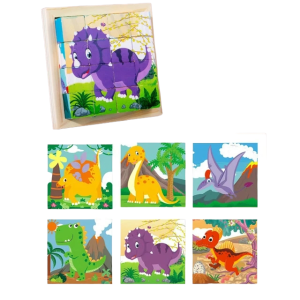Cute Baby 6 In 1 Colorful Wooden Multi Puzzle Board, 16 Cubes with 6 Different Animal Pattern (Dinosaur) Jigsaw Puzzle Early Educational Toys for Kid