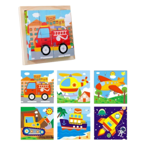 Cute Baby 6 In 1 Multi Puzzle Colorful Wooden Board, 16 Cubes with 6 Different Vehicle Series Jigsaw Puzzle Early Educational Toys for Kids