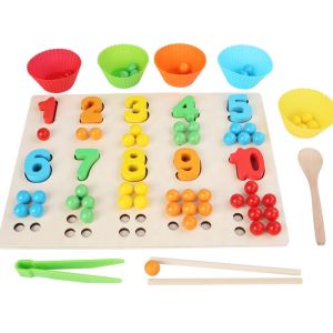 Cute Baby Wooden Number Counting Board, Math Manipulative Materials with Cups & Colored Balls Matching & Stringing, Early Learning Toys for Toddler