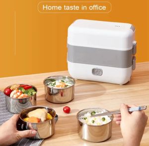 Cooking Lunch Box 4 Liners Stainless Steel Electric Thermal Heating Food Steamer Portable Office Mini Rice Cooker 2L White 220W