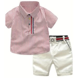 Two-Piece Boys Summer Striped Short Sleeved Shirt and Elastic Shorts Set