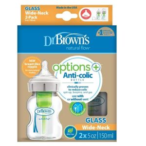 Dr. brown's 5 oz/150 mL Options+ Wide-Neck Bottle, Glass, 2- Pack WB52700-P2