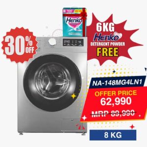 Panasonic Front Load Inverter Motor Washing Machine 8Kg NA-148MG4LN1 Get Free 6kg Henko Front Load Detergent Powder