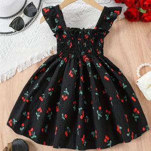 Knee High Sleeveless Floral Cherry Pattern Print Ruffle Trim Girls Casual Dress for Spring and Summer