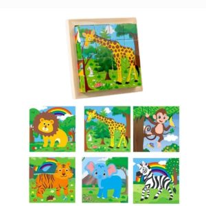 Cute Baby 6 In 1 Multi Puzzle Colorful Wooden Board, 16 Cubes with 6 Different Wild Animal Patterns