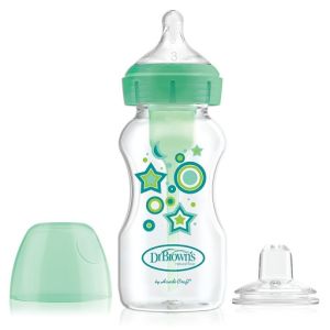 Dr. Browns's Options+ Wide-Neck Green Deco Bottle w/ Sippy Spout (+L3 Nipple in Bottle), Single 9 oz/270ml WB91606-P3