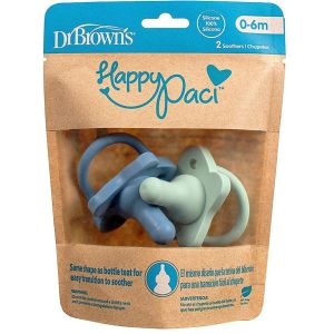 Dr Brown's HappyPaci Silicone One-Piece Soother, Blue and Green, 2-Pack PS11008-INTL( 0-6m)