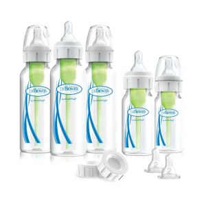 Dr Brown's PP Narrow Anti-Colic Options+ Baby Bottle Newborn Feeding Set (3x250 & 2x120 mL bottles, 2xL2 nipples, 2 storage caps, 3 cleaning brushes, green silicone soother)  SB05005-INTLX