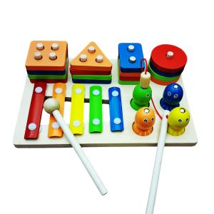 3-in-1 Wooden Sorting Toys for Baby – Shape Stacking, Xylophone & Magnetic Fishing Game