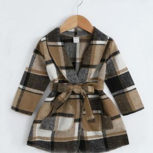 Girls Block Plaid Collar Belt Coat