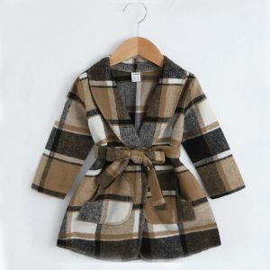 Girls Block Plaid Collar Belt Coat