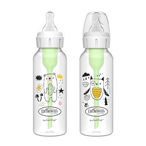 Dr. Brown's Natural Flow Anti-Colic Options+ Narrow Baby Bottle, Bear & Owl, 8 oz/250 mL, with Level 1 Nipple 0m+, 2-Pack Sb82041