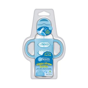 Dr. Brown's 8oz/250ml PP N Sippy Straw Bottles w/ Silicone Handles, Blue, Single (SB81102) - 6m+