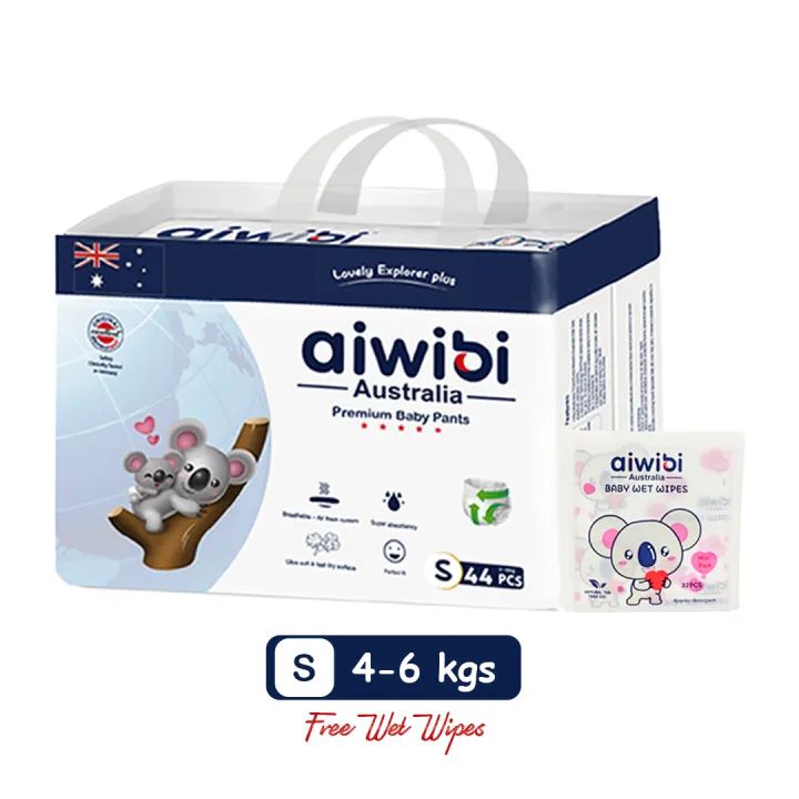 Aiwibi Premium Baby Pant Diapers Small 44Pcs With Free Mini Wet Wipes