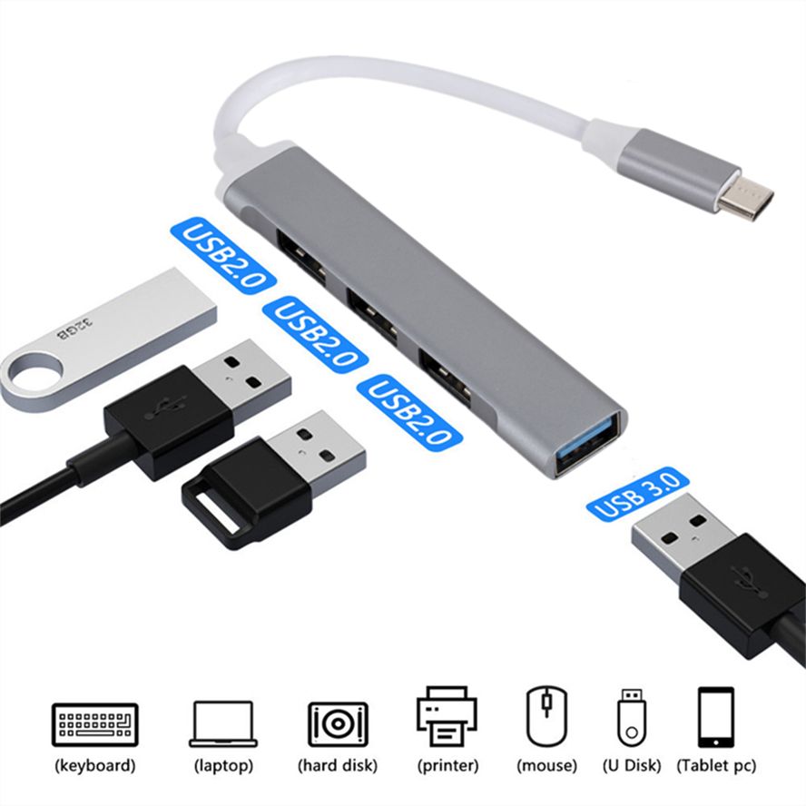 Type-C to USB Multi-Port Hub, 4-Port Adapter with 1 USB 3.0 & 3 USB 2.0 Ports