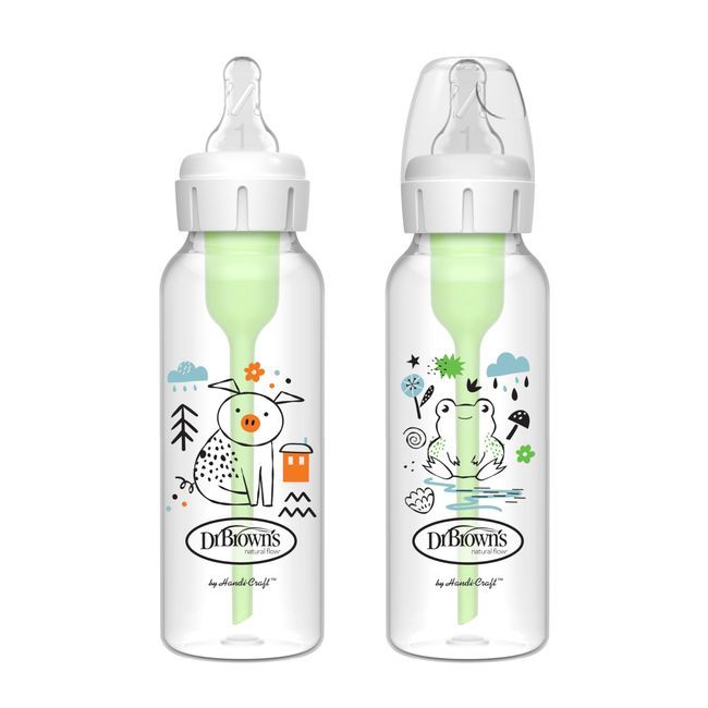 Dr. Brown's Natural Flow Anti-Colic Options+ Narrow Baby Bottle, Pig & Frog, 8 oz/250 mL with Level 1 Slow Flow Nipple 0m+, 2-Pack Sb82040