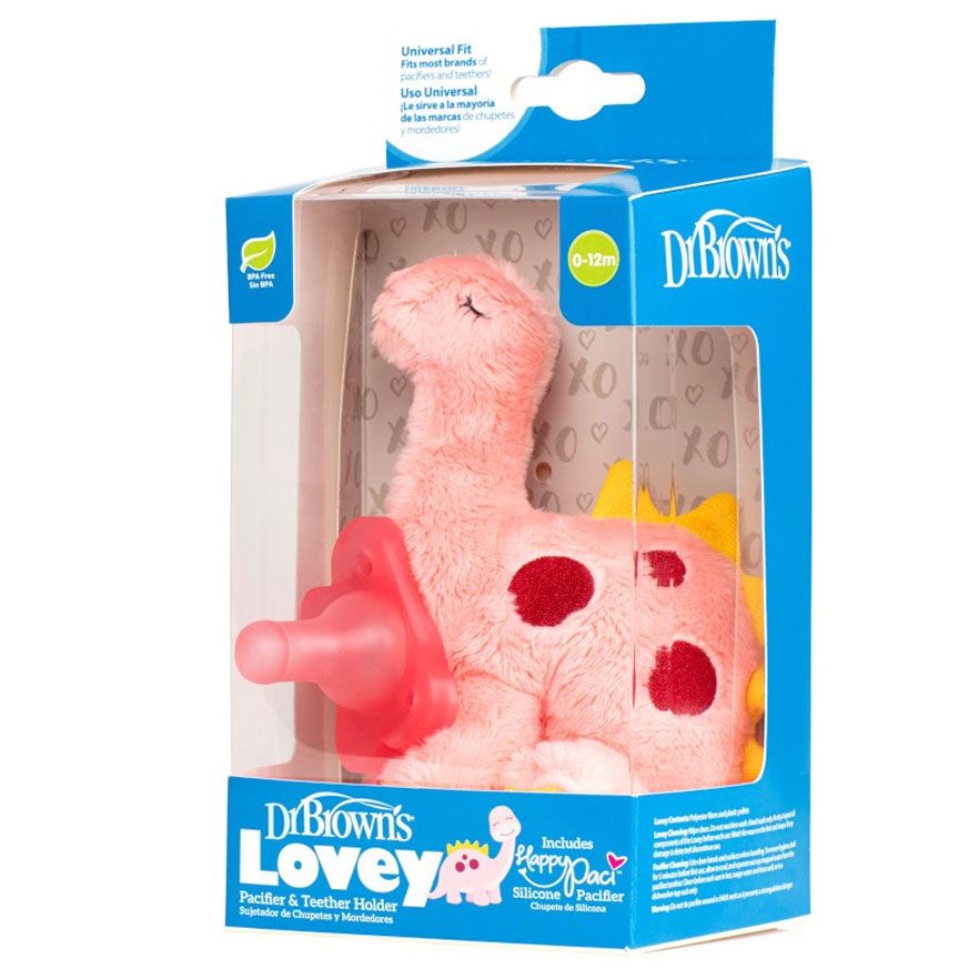 Dr Brown's Dinosaur Lovey with Pink HappyPaci Silicone One- Piece Pacifier AC217 (0-12m)