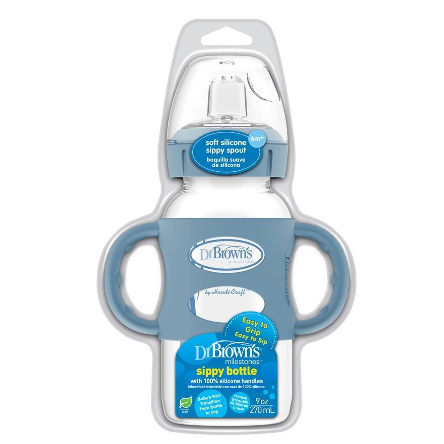 Dr Brown's 9 oz/270 mL Wide-Neck Sippy Spout Bottle w/ Silicone Handles, Lt Blue, 1-Pack WB91081-P3