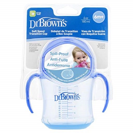 Dr. Brown's 6 Oz / 180 Ml Soft-Spout Transition Cup W/ Handles - Blue (6M+), Tc61004-Intl