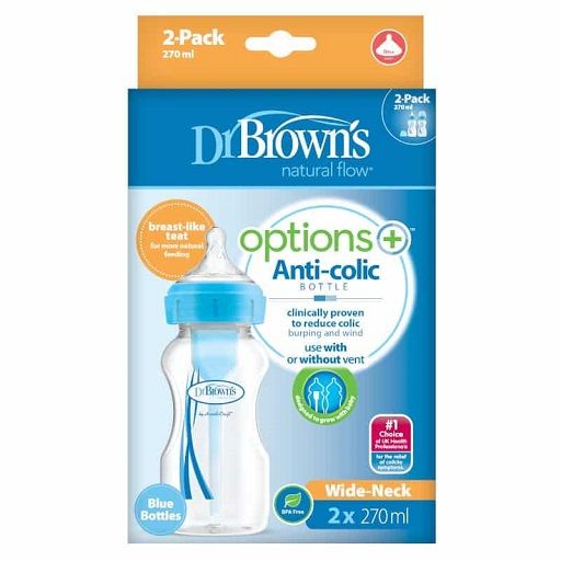 Dr. Brown's 9 Oz/270 Ml Options+ Wide-Neck Bottle Pp Blue 2-Pack, Wb92602-Esx