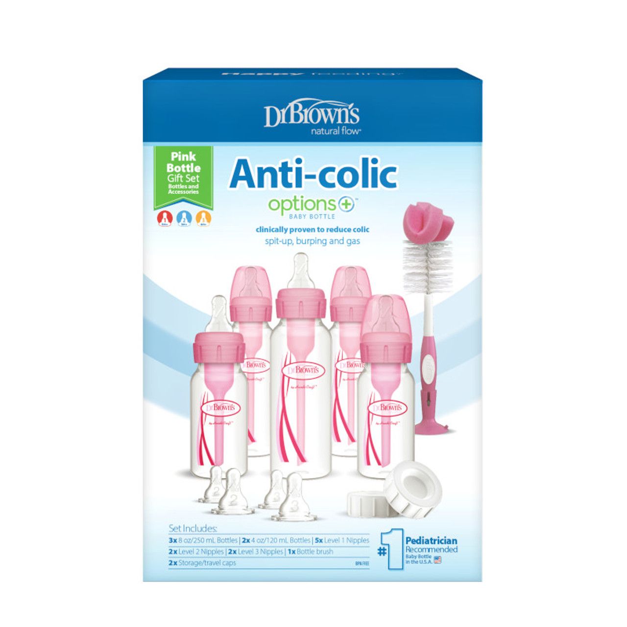 Dr Brown's SB05307-INTLX "Narrow Anti-Colic Options+ Baby bottle, Pink Gift Set "