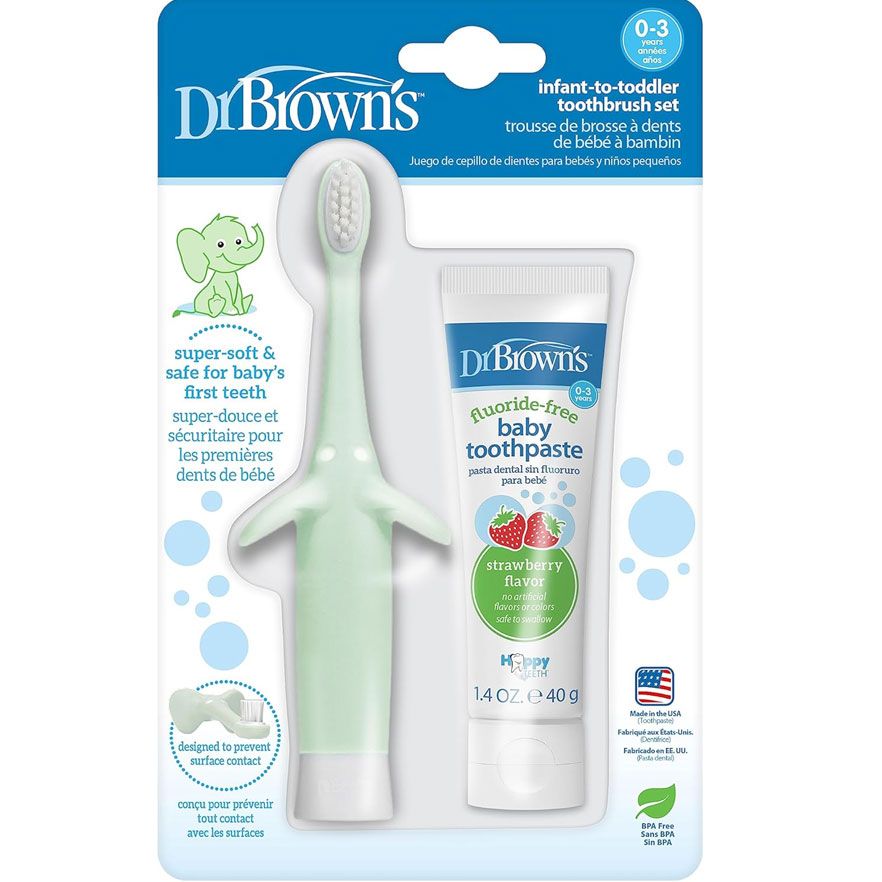 Dr Brown's HG036 "Infant-to-Toddler Toothbrush, Mint Elephant, with Strawberry Toothpaste, 1.4 oz/40g (0-3years)"