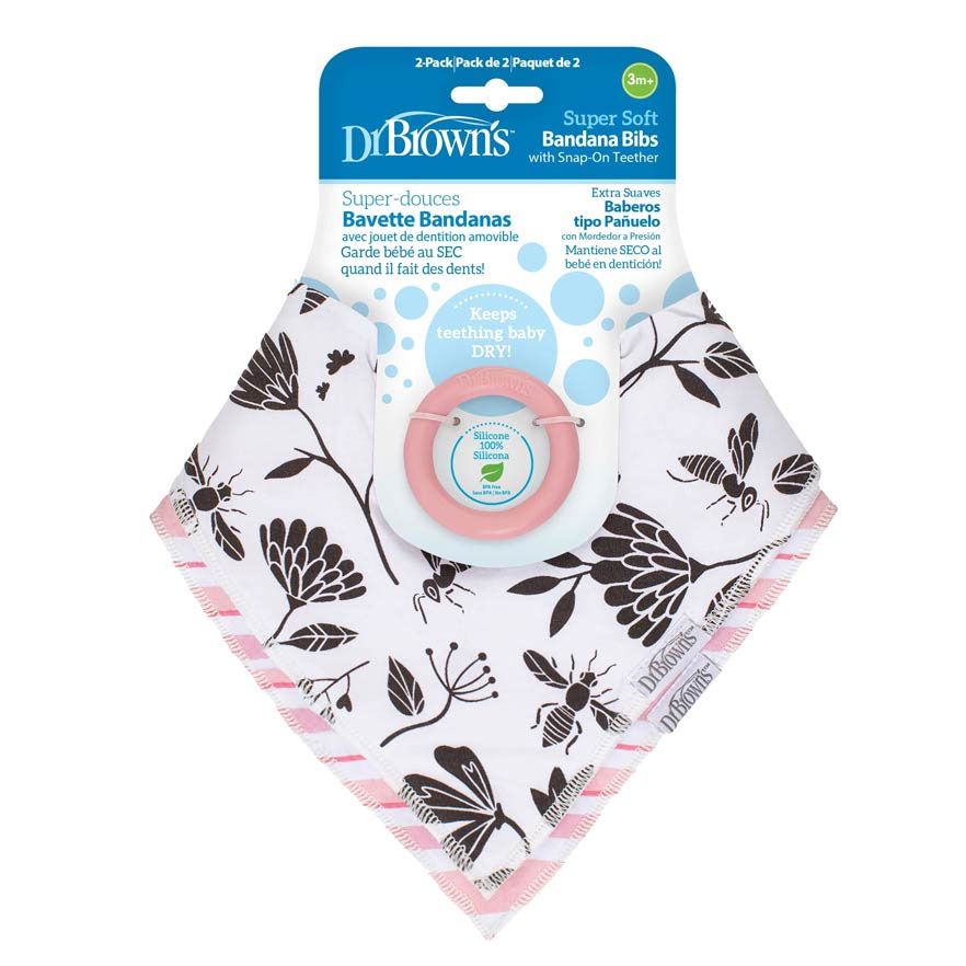 Dr Brown's AC245-INTL " Bandana Bib w/ Teether, 1-Pack, B&W flowers w/ bugs (Turquoise Teether) "