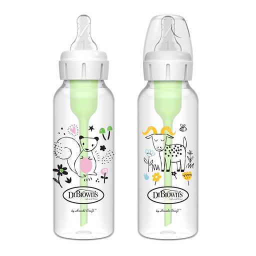 Dr. Brown's Natural Flow Anti-Colic Options+ Narrow Baby Bottle, Squirrel & Goat, 8 oz/250 mL, with Level 1 Nipple 0m+, 2-Pack, Sb82042