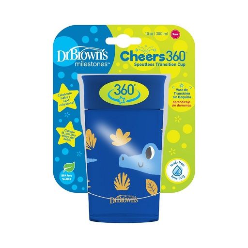 Dr. Brown's TC01094 Jungle Fun Cheers 360 Spoutless Transition Cup, Blue, - 10 oz/300 ml , 9m+