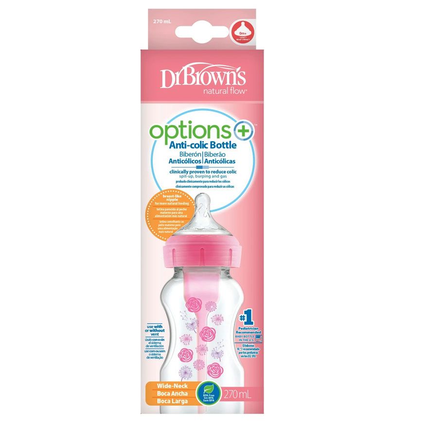 Dr Brown's WB91801- INTLX 9 oz/270 mL Wide-Neck Options+ Bottle, Pink floral deco, 1-Pack