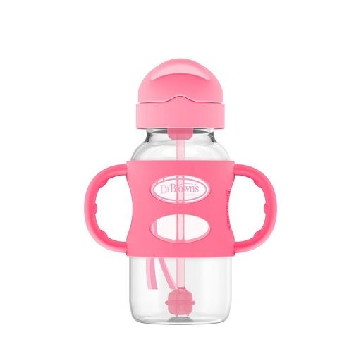 Dr. brown's oz/270 mL Wide-Neck Sippy Straw Bottles w/ Silicone Handles, Pink, 1-Pack 6m+, WB910119