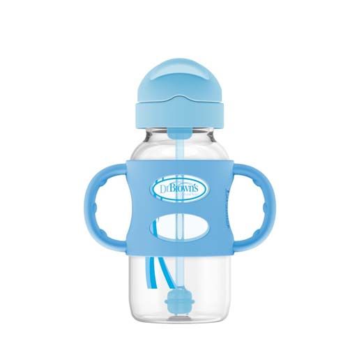 Dr. Brown's WB91012 9 oz/270 mL Wide-Neck Sippy Straw Bottles w/ Silicone Handles, Blue, 1-Pack 6m+