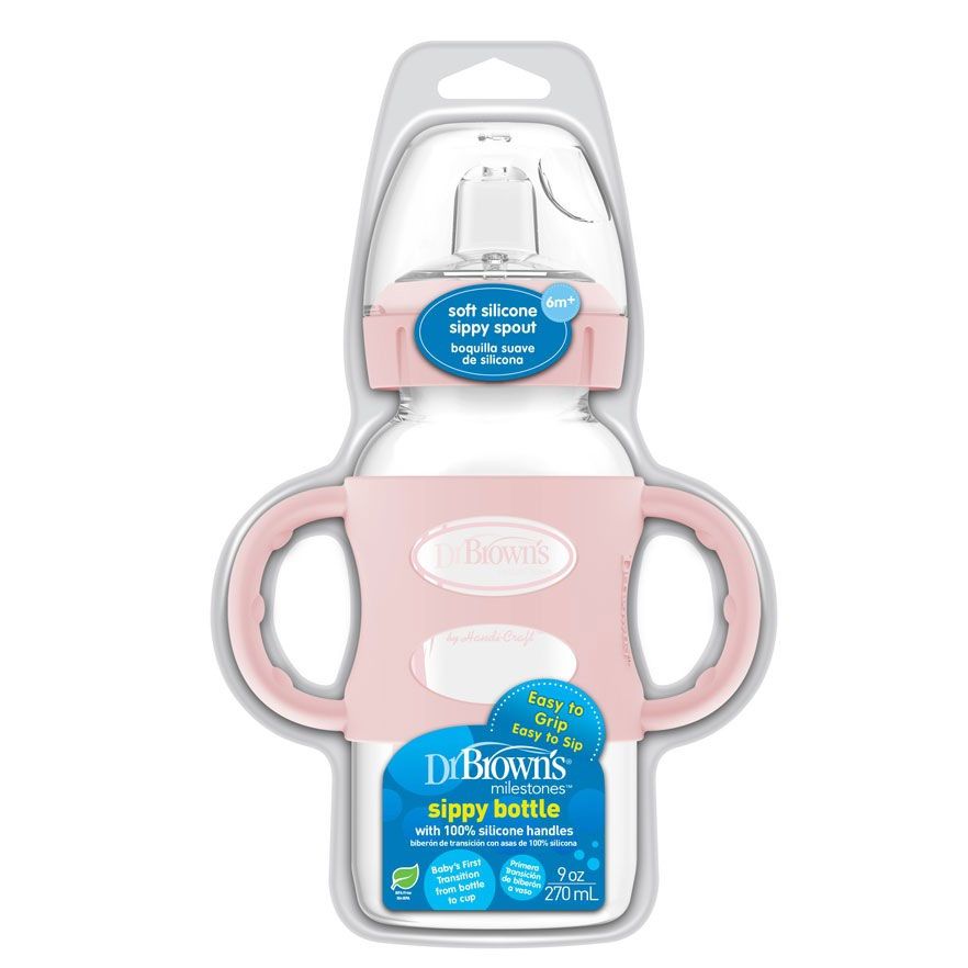 Dr Brown's WB91082-P3 "9 oz/270 mL Wide-Neck Sippy Spout Bottle w/ Silicone Handles, Lt Pink, 1-Pack"