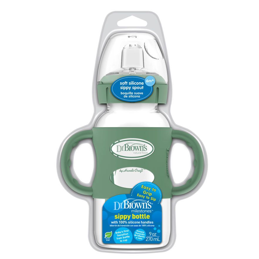 Dr Brown's WB91086-P3 "9 oz/270 mL Wide-Neck Sippy Spout Bottle w/ Silicone Handles, Green, 1-Pack "