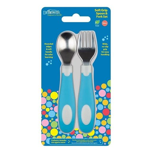 Dr. Brown's TF028 Soft Grip Spoon & Fork Set, Blue and White