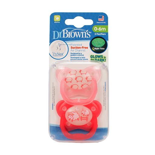 Dr. Brown's PreVent Glow in the Dark Butterfly Pacifier, Stage 1 Pink, 2-Pack for 0-6m,  PV12007-P4