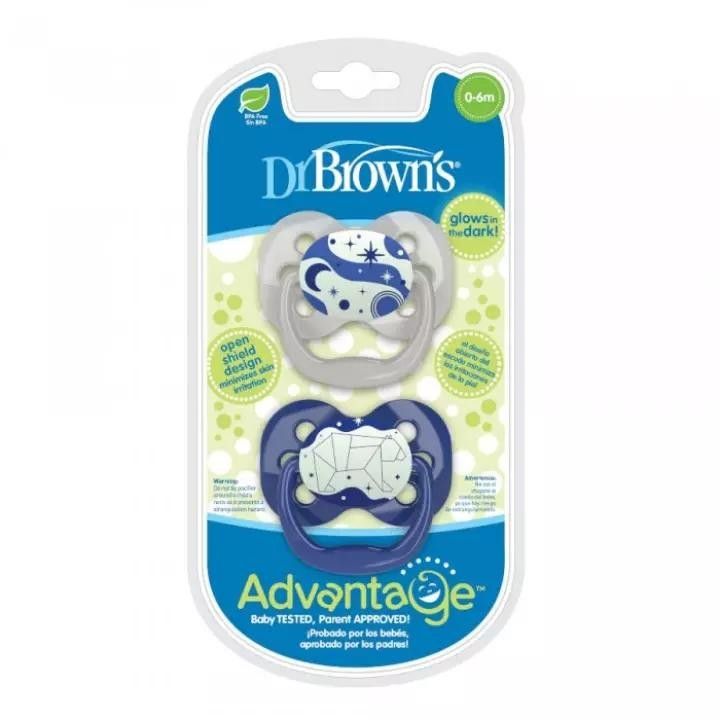 Dr. Brown's PA12004-INTL Advantage Pacifiers, Stage 1, Glow in the Dark, Blue, 2-Pack 0-6m