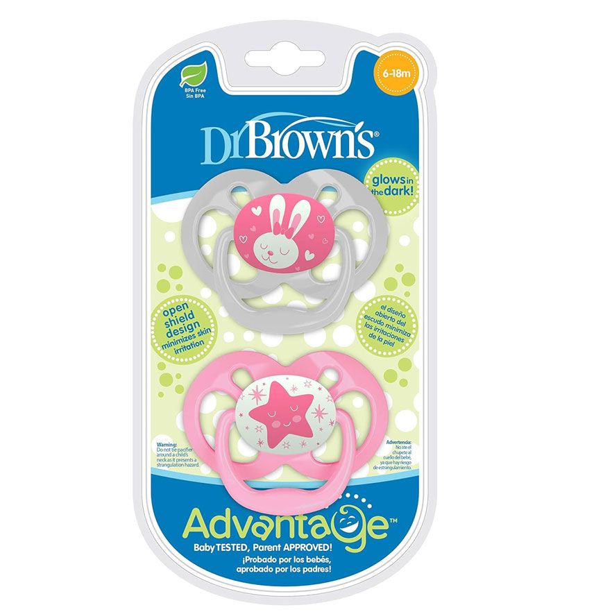 Dr Brown's PA22003- INTL Advantage Pacifiers, Stage 2, Glow in the Dark, Pink, 2-Pack(6-18m)