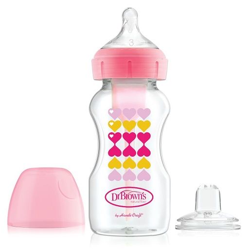 Dr. Brown's WB91604-P3 Options+ Wide-Neck Pink Deco Bottle w/ Sippy Spout (+L3 Nipple in Bottle), Single 9 oz/270ml