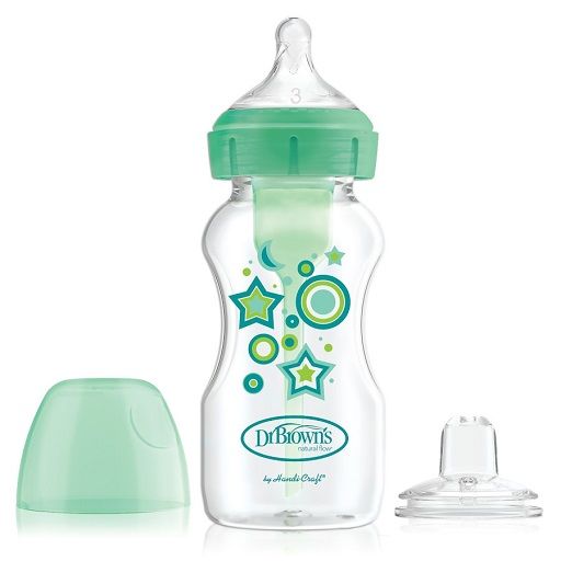 Dr. Browns's WB91606-P3 Options+ Wide-Neck Green Deco Bottle w/ Sippy Spout (+L3 Nipple in Bottle), Single 9 oz/270ml