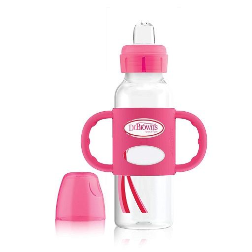 Dr Brown's SB81101 8oz/250ml PP N Sippy Straw Bottles w/ Silicone Handles, Pink, Single