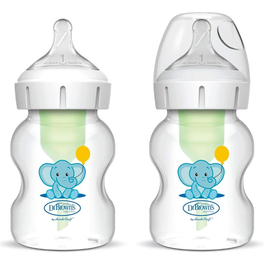 Dr Brown's Wb52015-Esx "5 oz/150 mL PP Wide-Neck Anti-Colic Options+ Baby Bottle, Elephant, 2-Pack "