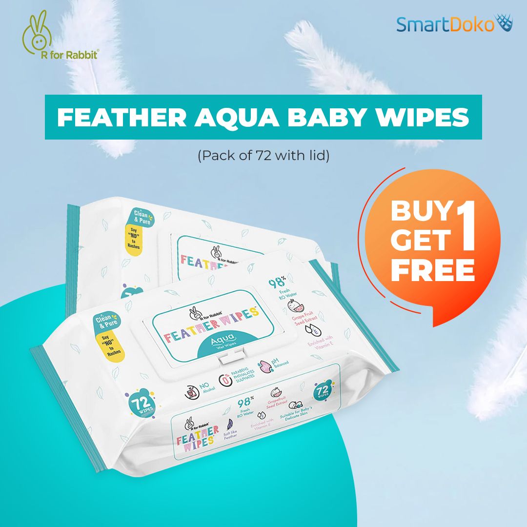 R for Rabbit Feather Aqua  Baby Wipes (pack of 72 with lid )-BIFA72L ( Buy 1 Get 1 Free)